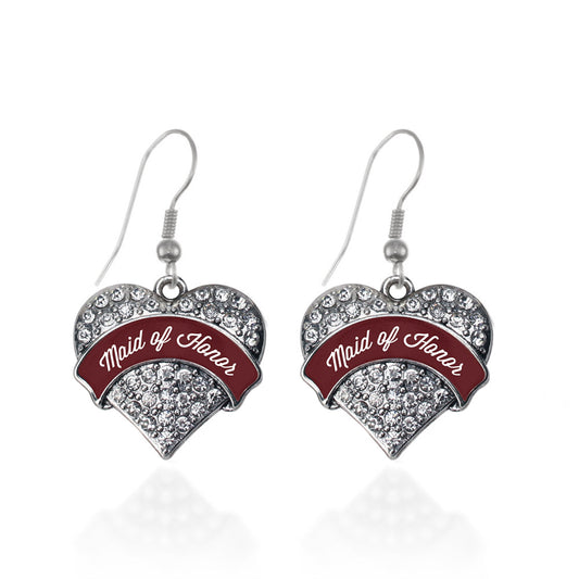 Silver Burgundy Maid of Honor Pave Heart Charm Dangle Earrings