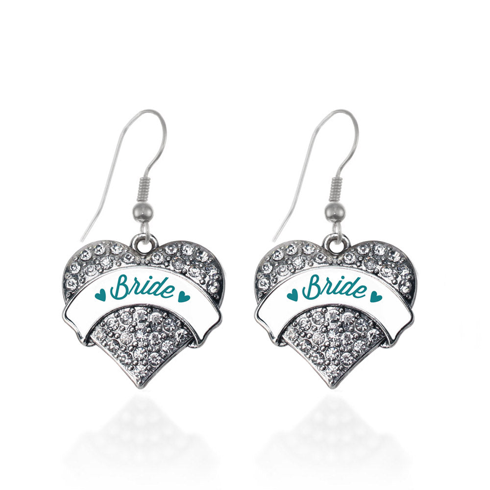 Silver Dark Teal Bride Pave Heart Charm Dangle Earrings