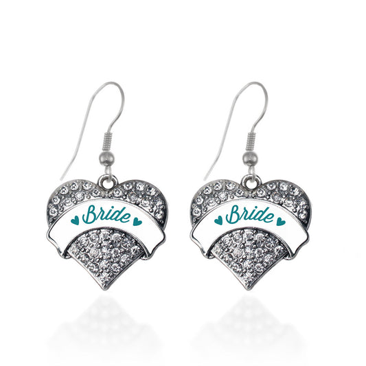 Silver Dark Teal Bride Pave Heart Charm Dangle Earrings