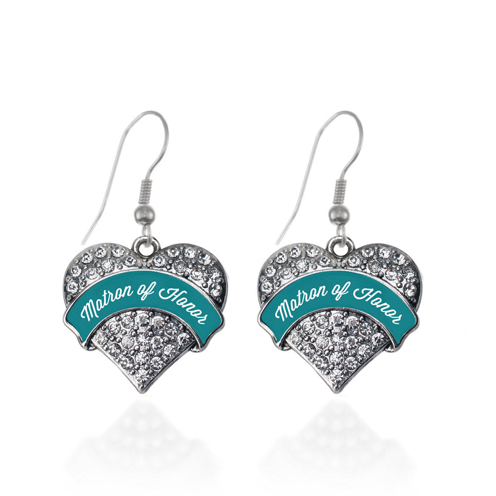 Silver Dark Teal Matron of Honor Pave Heart Charm Dangle Earrings
