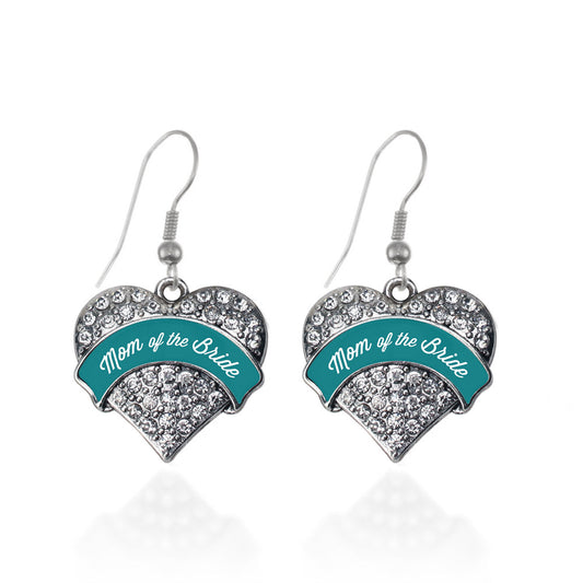 Silver Dark Teal Mom of Bride Pave Heart Charm Dangle Earrings