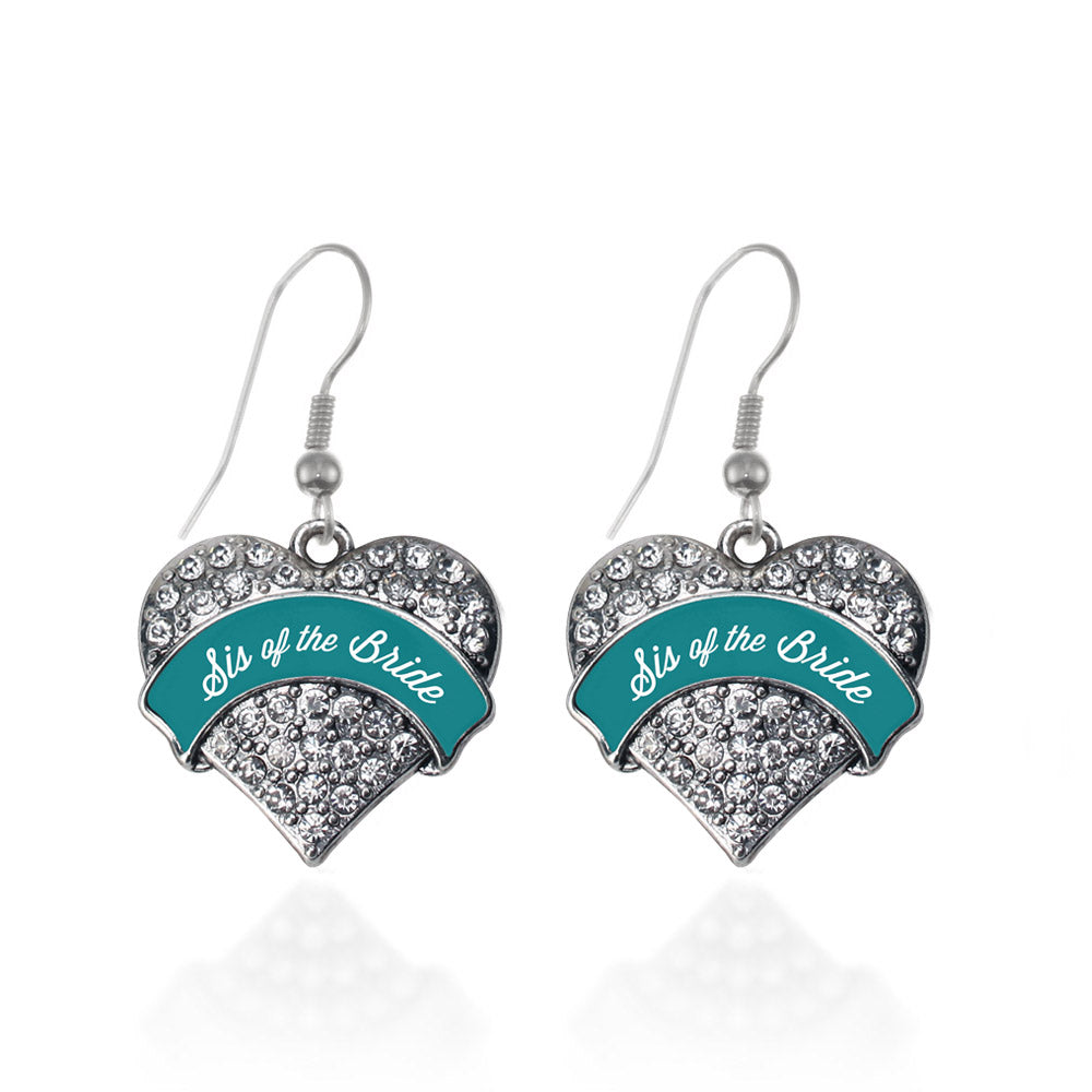 Silver Dark Teal Sis of Bride Pave Heart Charm Dangle Earrings
