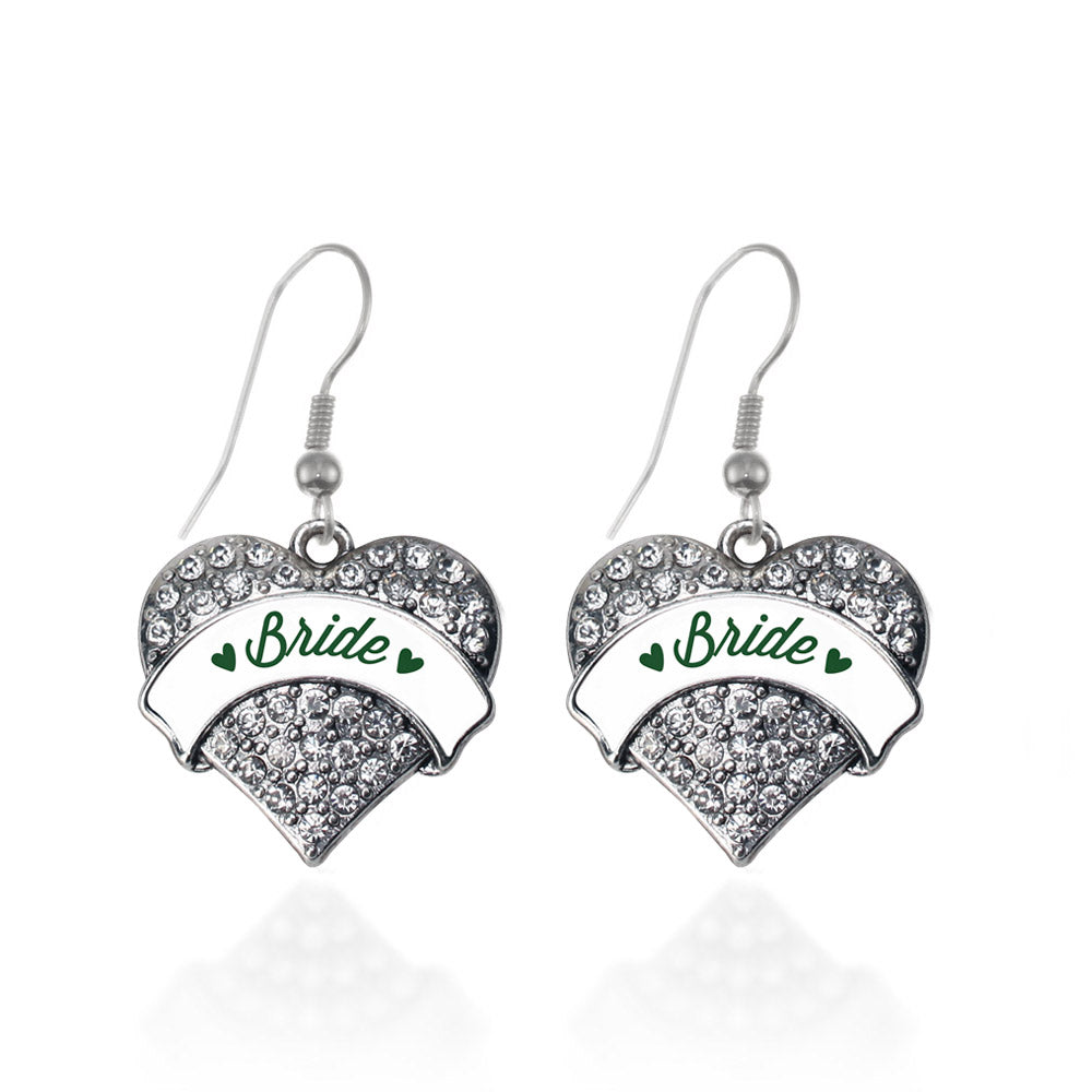 Silver Forest Green Bride Pave Heart Charm Dangle Earrings