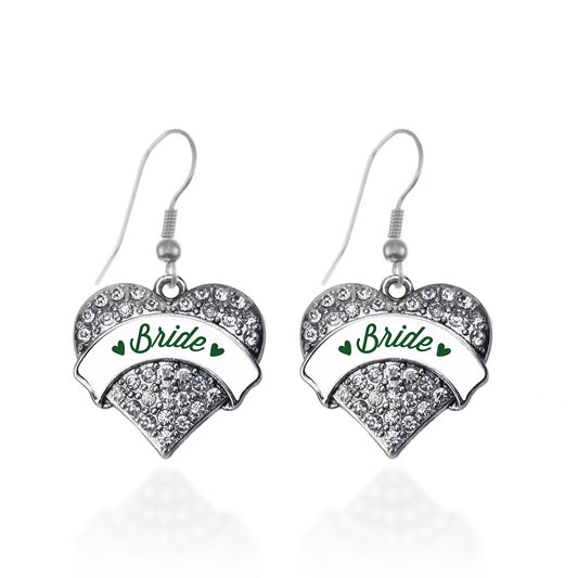 Silver Forest Green Bride Pave Heart Charm Dangle Earrings