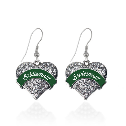 Silver Forest Green Bridesmaid Pave Heart Charm Dangle Earrings