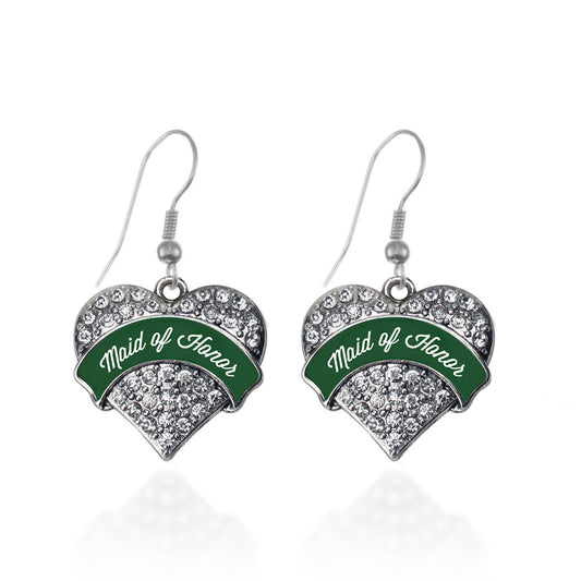 Silver Forest Green Maid of Honor Pave Heart Charm Dangle Earrings