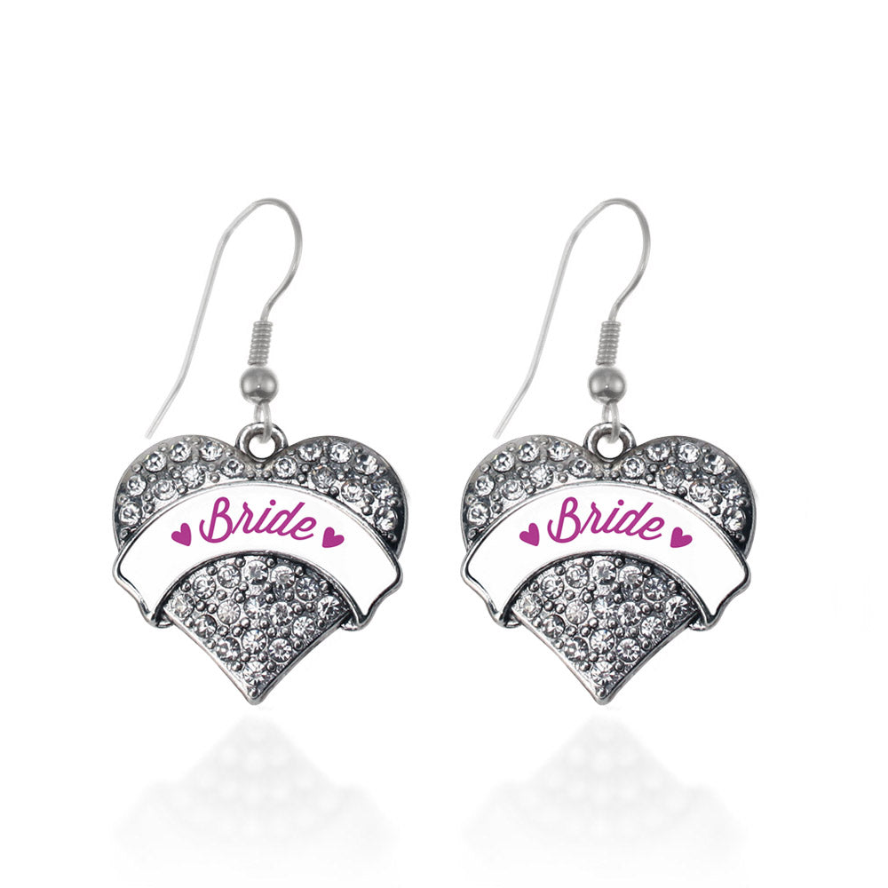 Silver Magenta Bride Pave Heart Charm Dangle Earrings