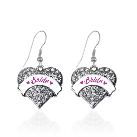 Silver Magenta Bride Pave Heart Charm Dangle Earrings