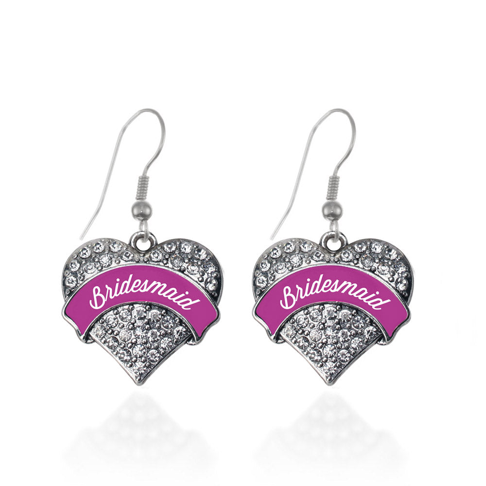 Silver Magenta Bridesmaid Pave Heart Charm Dangle Earrings