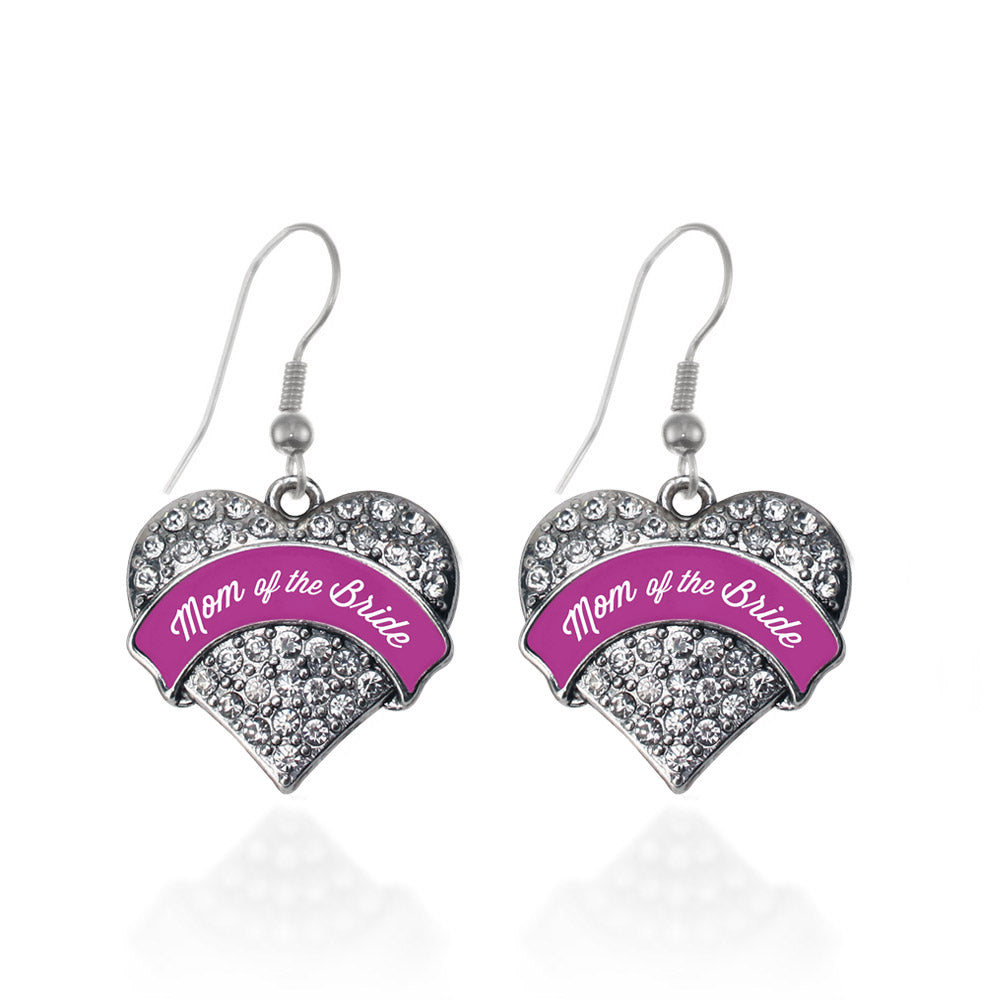 Silver Magenta Mom of Bride Pave Heart Charm Dangle Earrings
