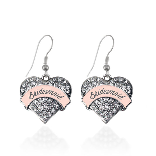 Silver Nude Bridesmaid Pave Heart Charm Dangle Earrings