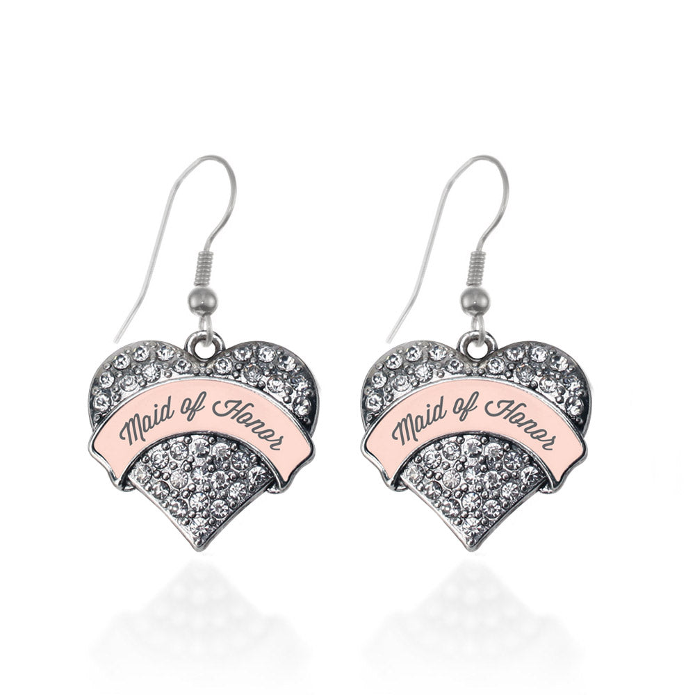 Silver Nude Maid of Honor Pave Heart Charm Dangle Earrings