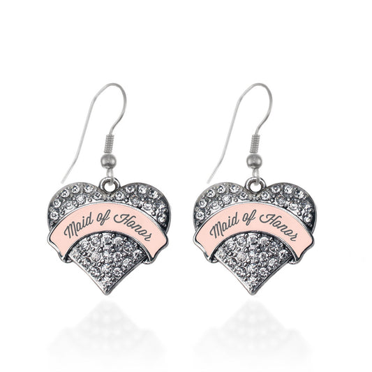 Silver Nude Maid of Honor Pave Heart Charm Dangle Earrings