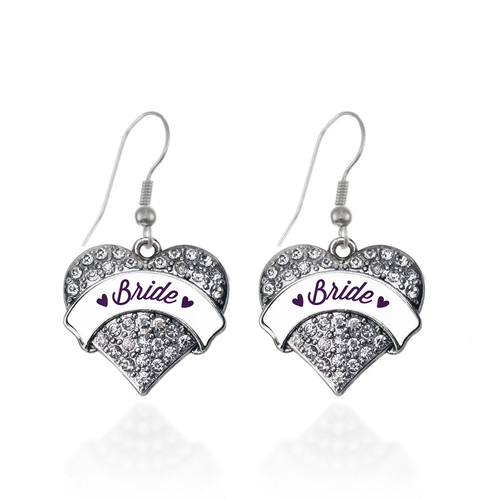 Silver Plum Bride Pave Heart Charm Dangle Earrings