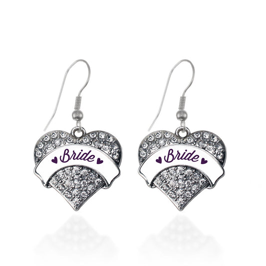 Silver Plum Bride Pave Heart Charm Dangle Earrings