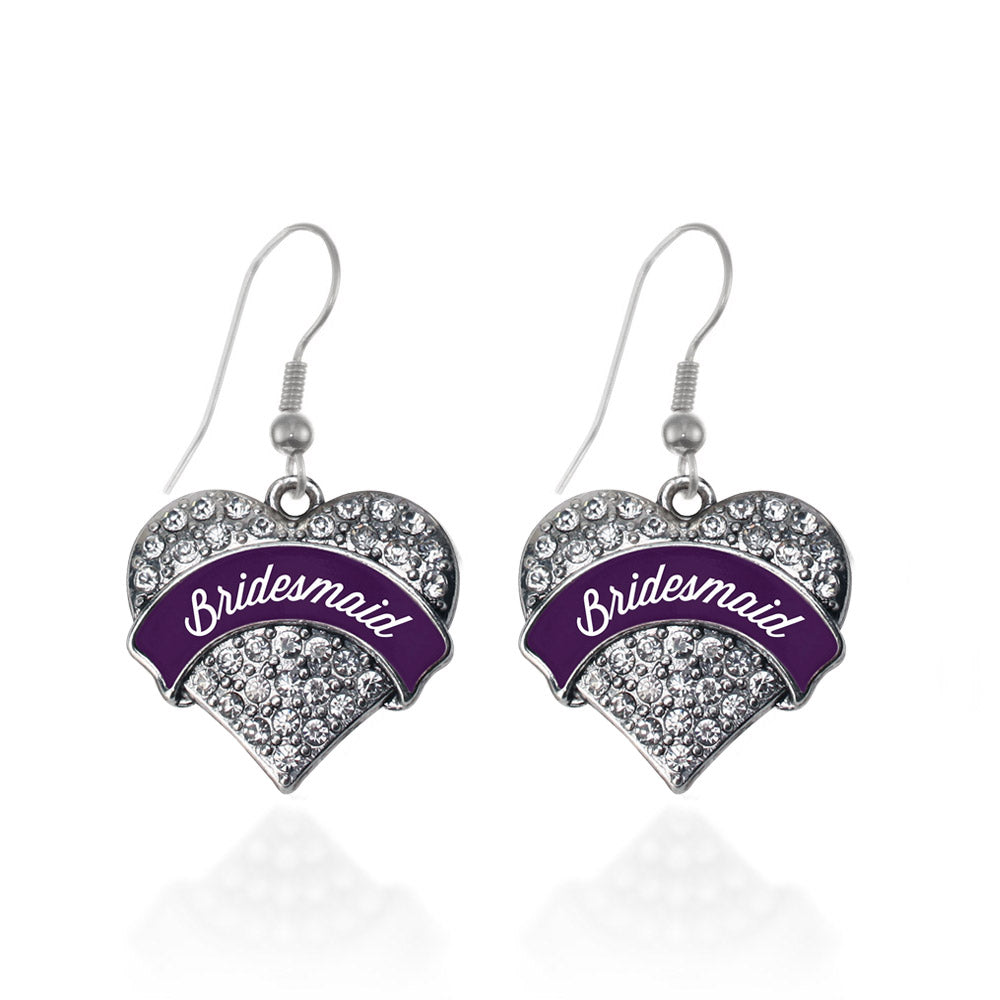 Silver Plum Bridesmaids Pave Heart Charm Dangle Earrings