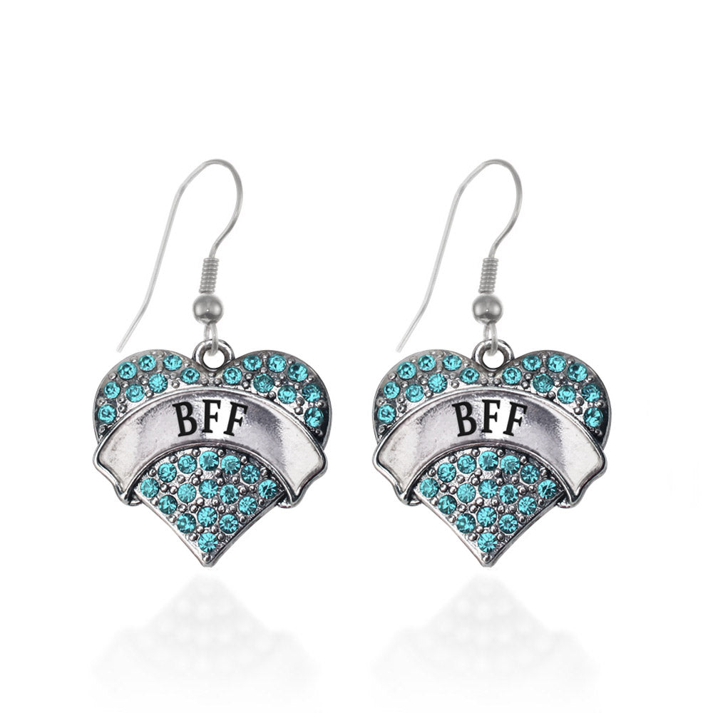 Silver Teal BFF Aqua Pave Heart Charm Dangle Earrings
