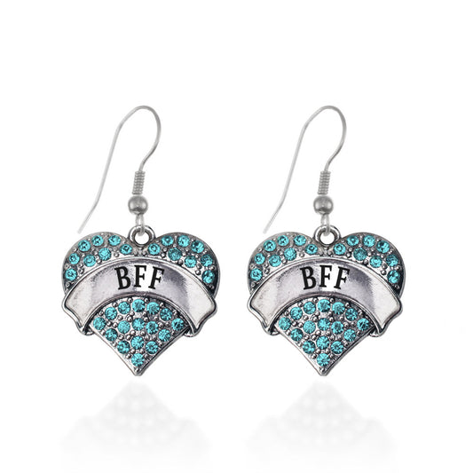 Silver Teal BFF Aqua Pave Heart Charm Dangle Earrings