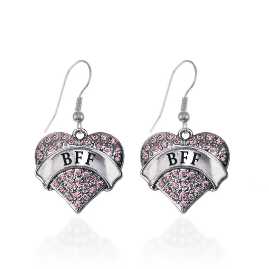 Silver Pink BFF Pink Pave Heart Charm Dangle Earrings
