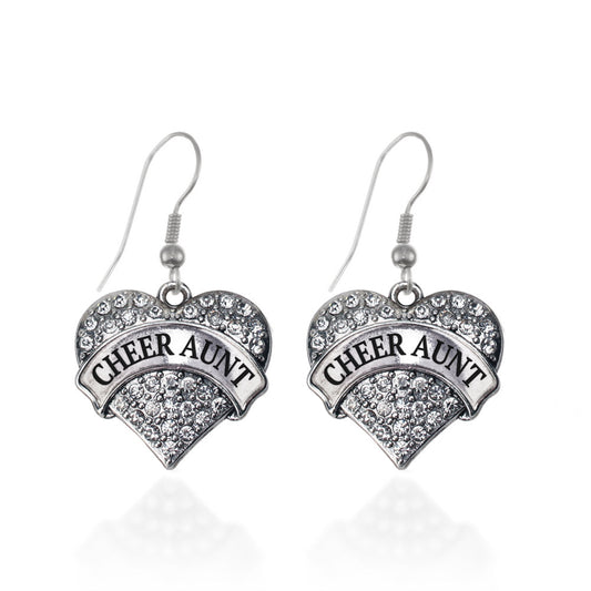 Silver Cheer Aunt Pave Heart Charm Dangle Earrings