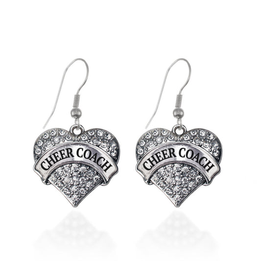 Silver Cheer Coach Pave Heart Charm Dangle Earrings