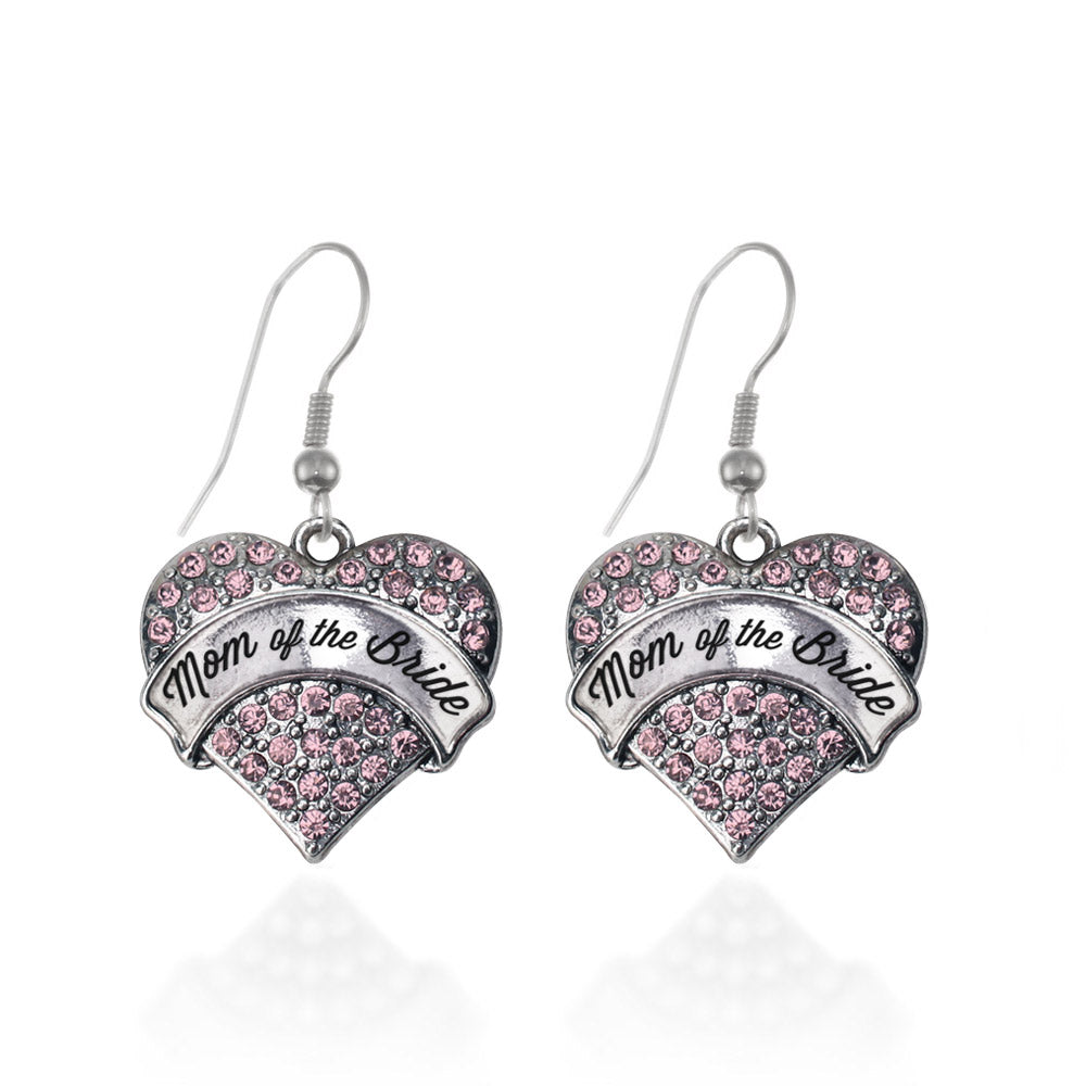 Silver Script Pink Mom of the Bride Pink Pave Heart Charm Dangle Earrings