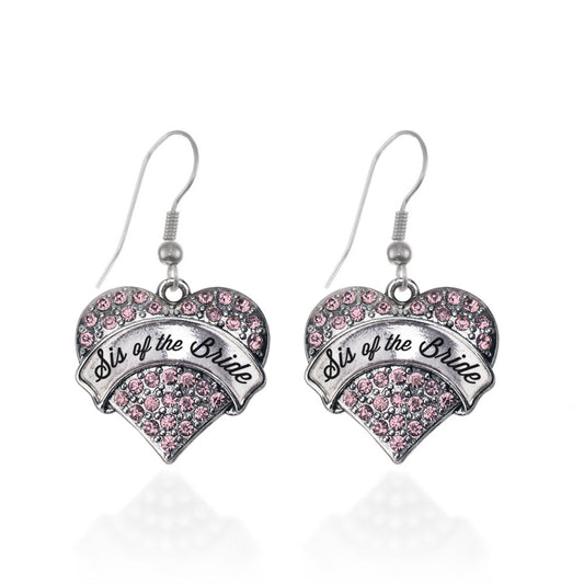 Silver Script Pink Sis of the Bride Pink Pave Heart Charm Dangle Earrings