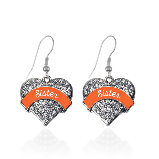 Silver Orange Sister Pave Heart Charm Dangle Earrings