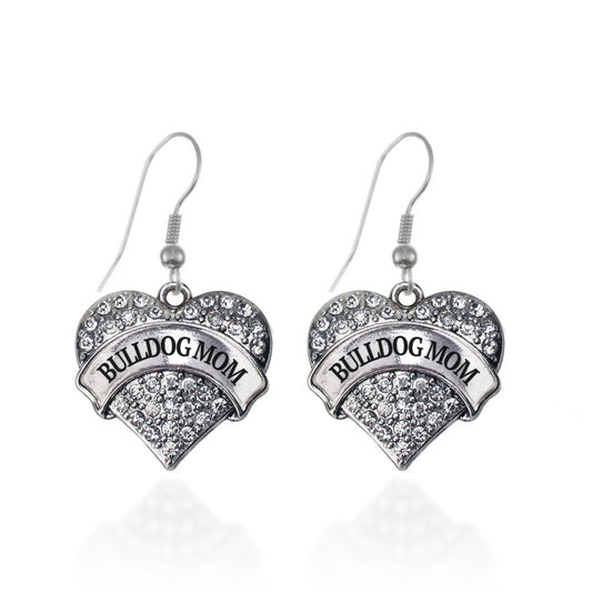 Silver Bulldog Mom Pave Heart Charm Dangle Earrings