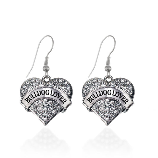 Silver Bulldog Lover Pave Heart Charm Dangle Earrings
