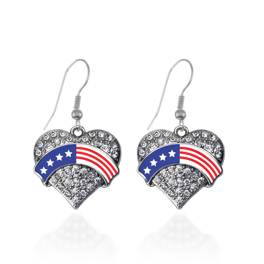 Silver American Flag Pave Heart Charm Dangle Earrings