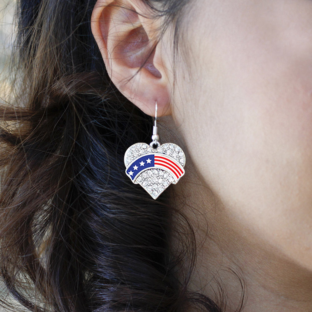 Silver American Flag Pave Heart Charm Dangle Earrings