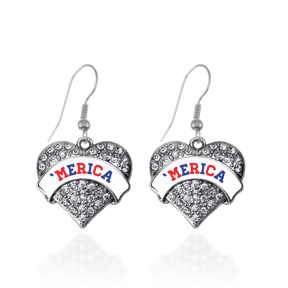 Silver 'Merica Pave Heart Charm Dangle Earrings