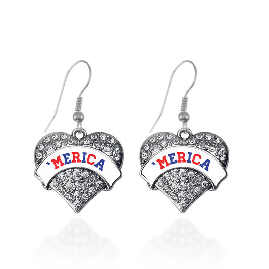 Silver 'Merica Pave Heart Charm Dangle Earrings
