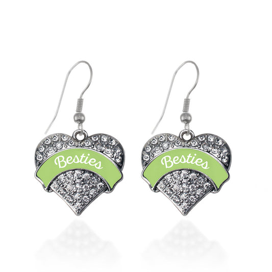 Silver Sage Green Besties Pave Heart Charm Dangle Earrings
