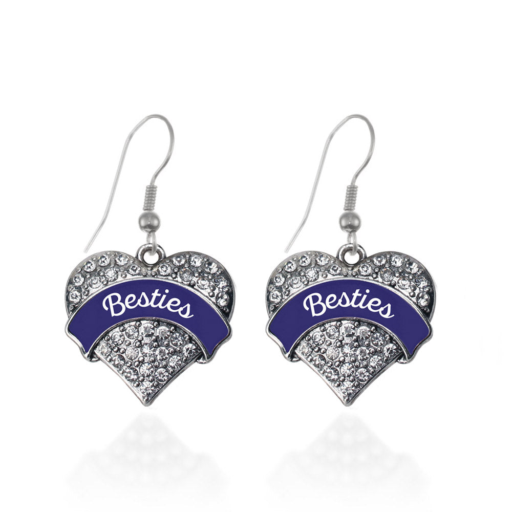 Silver Navy Blue Besties Pave Heart Charm Dangle Earrings