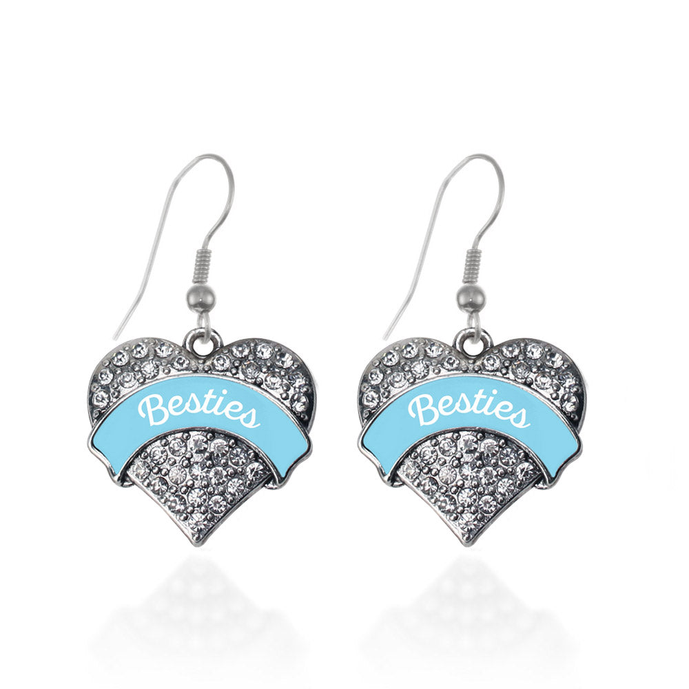 Silver Light Blue Besties Pave Heart Charm Dangle Earrings