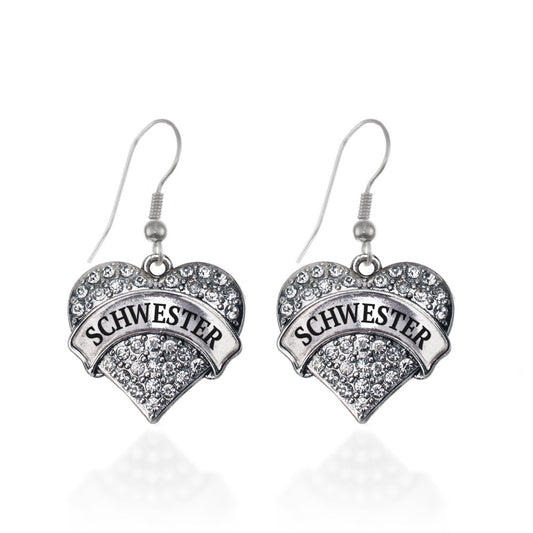Silver Schwester - Sister in German Pave Heart Charm Dangle Earrings