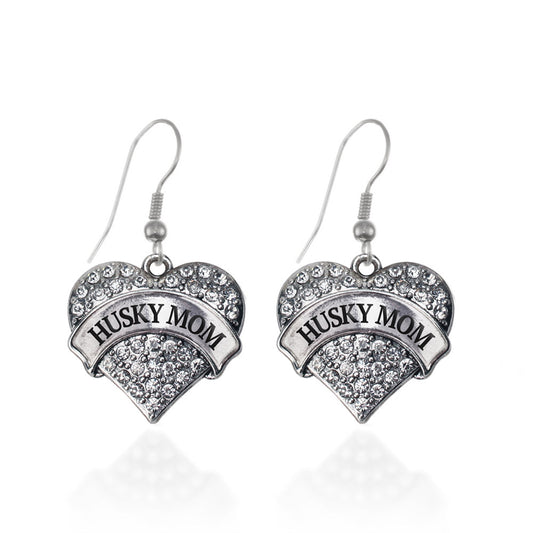 Silver Husky Mom Pave Heart Charm Dangle Earrings