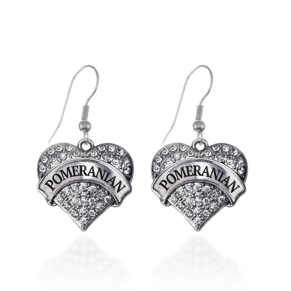 Silver Pomeranian Pave Heart Charm Dangle Earrings