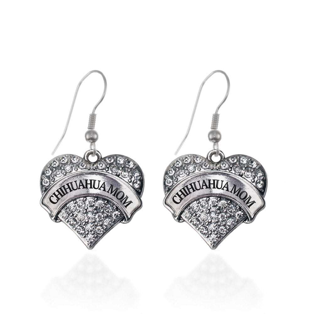Silver Chihuahua Mom Pave Heart Charm Dangle Earrings