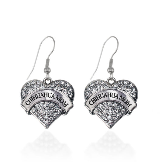 Silver Chihuahua Mom Pave Heart Charm Dangle Earrings