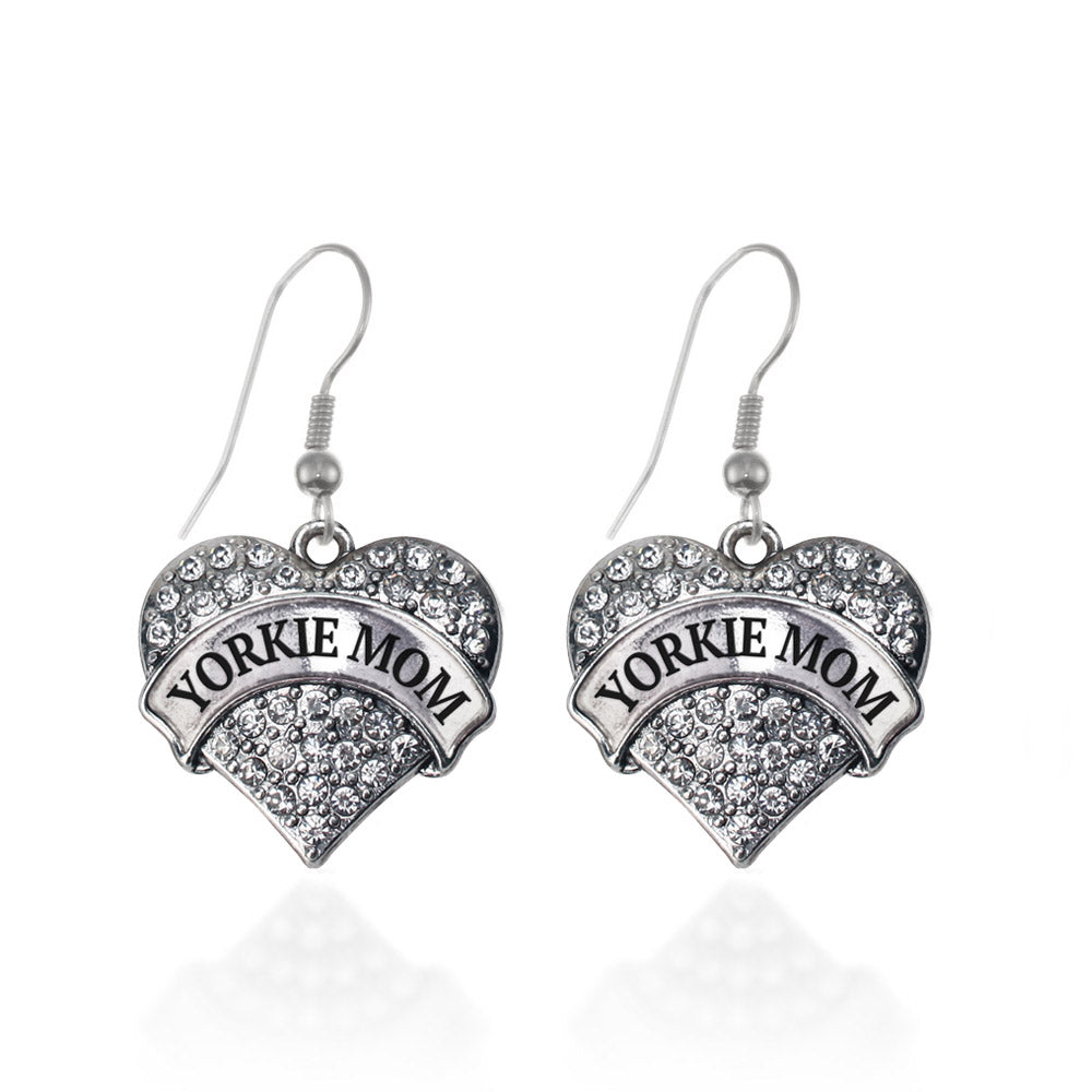 Silver Yorkie Mom Pave Heart Charm Dangle Earrings