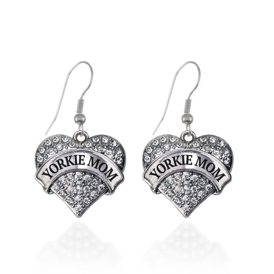 Silver Yorkie Mom Pave Heart Charm Dangle Earrings