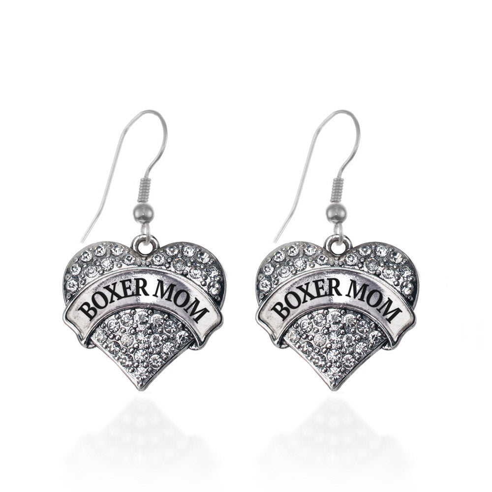 Silver Boxer Mom Pave Heart Charm Dangle Earrings