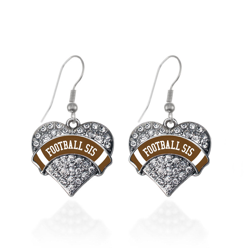 Silver Football Sis Design Pave Heart Charm Dangle Earrings