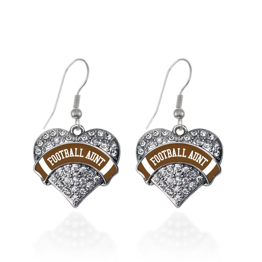 Silver Football Aunt Design Pave Heart Charm Dangle Earrings