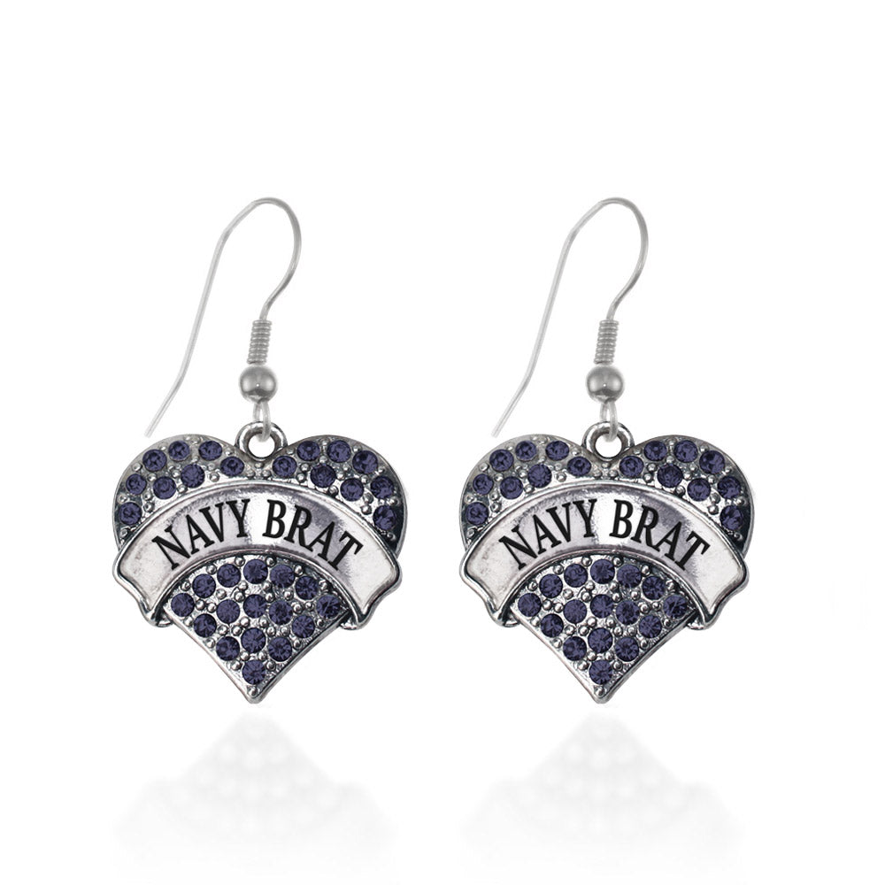 Silver Navy Brat Blue Pave Heart Charm Dangle Earrings