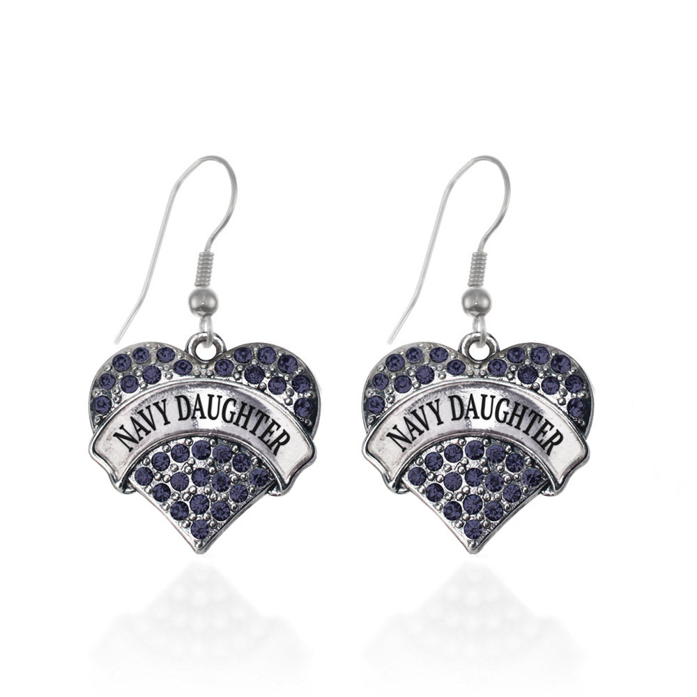 Silver Navy Daughter Blue Pave Heart Charm Dangle Earrings