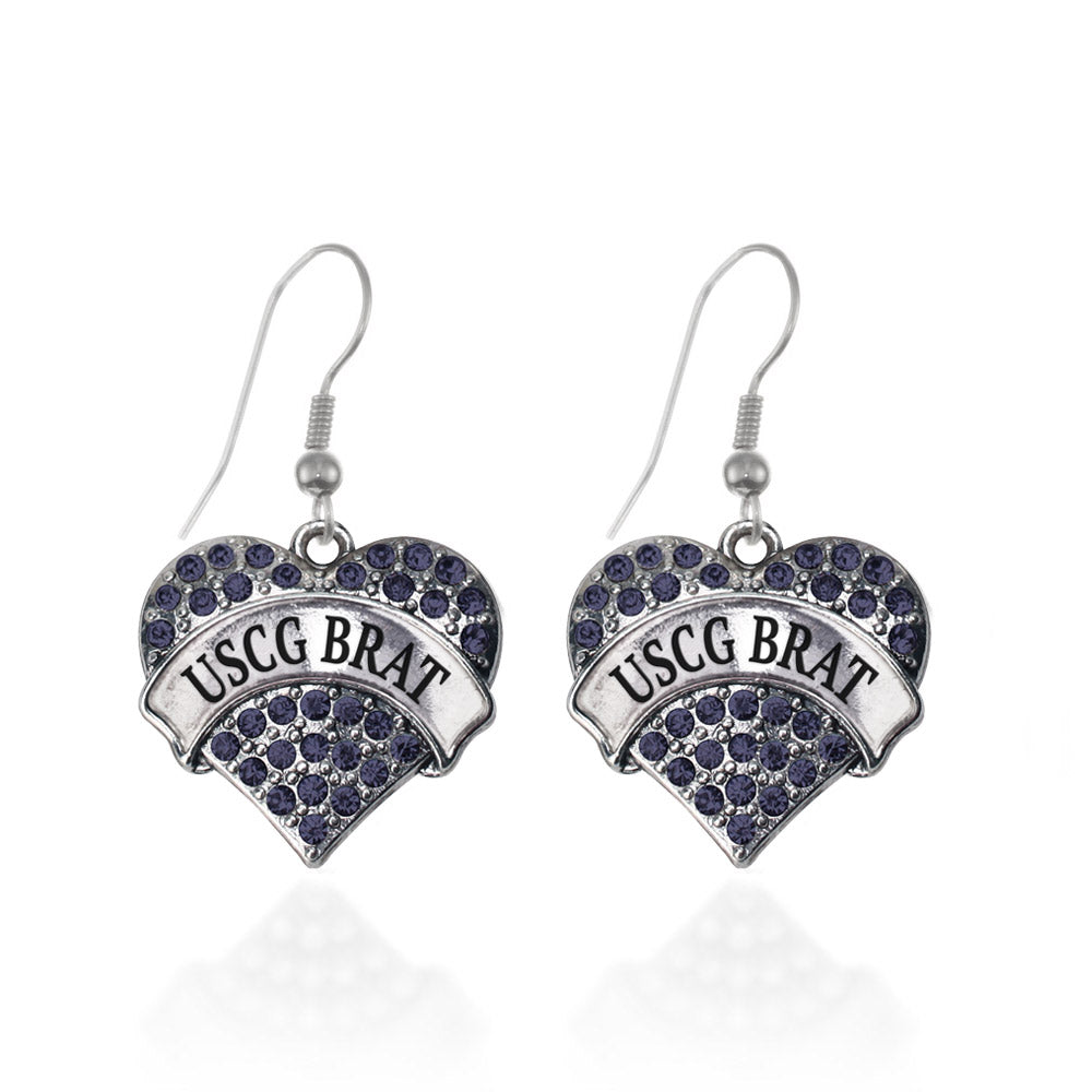 Silver USCG Brat Blue Pave Heart Charm Dangle Earrings